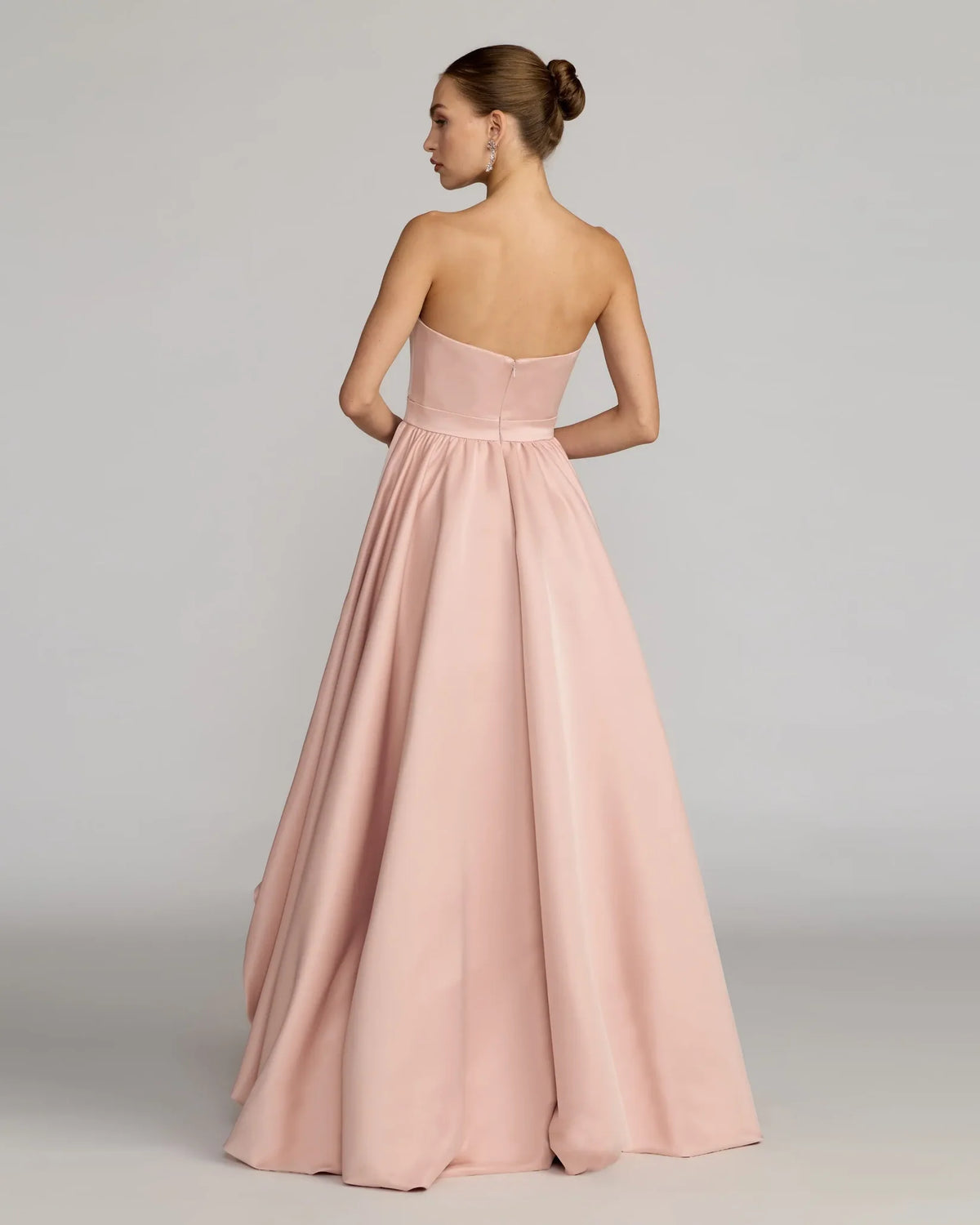 Mac Duggal Pink Strapless Satin High Low Gown with Rosettes #27554 Rose Pink