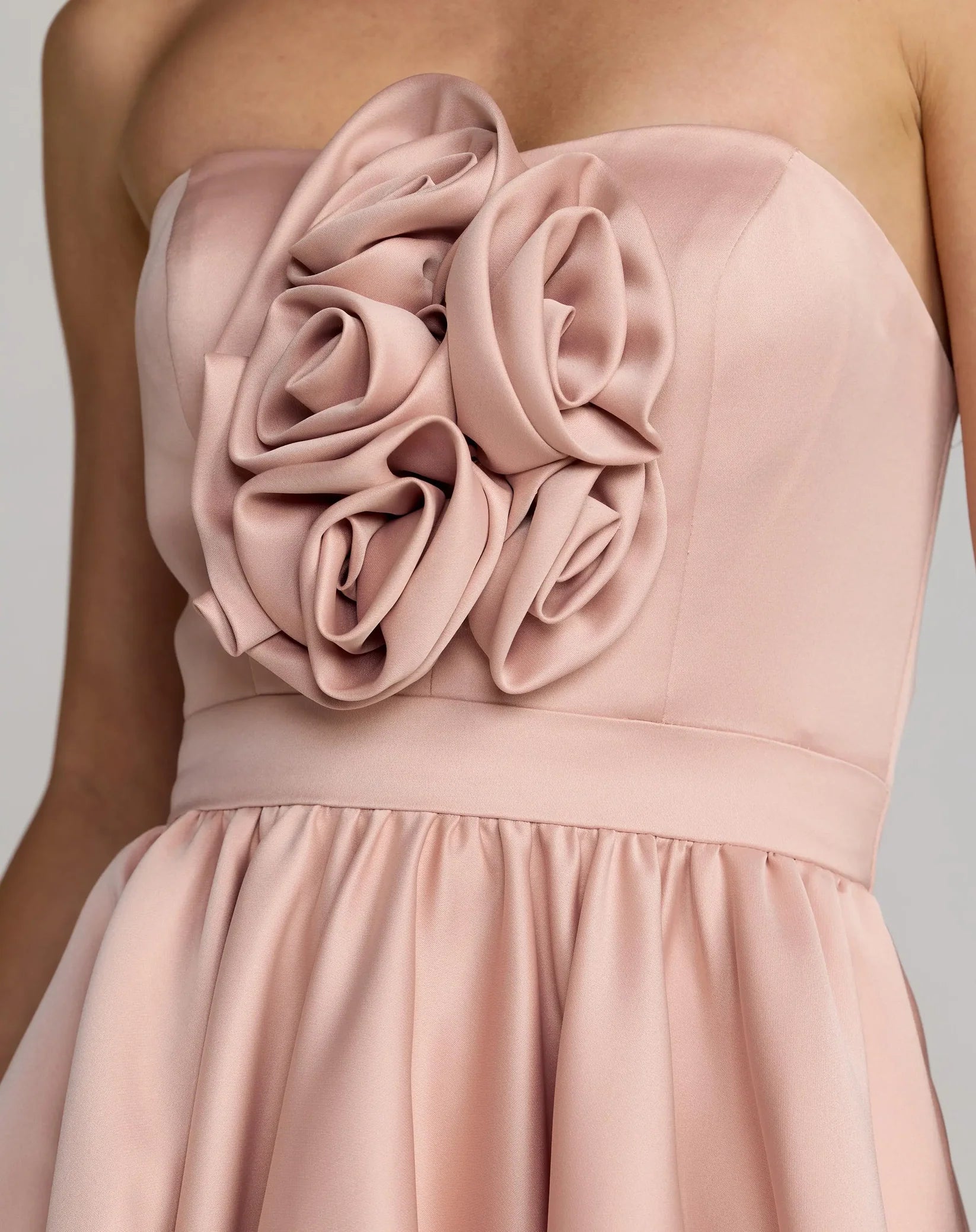 Mac Duggal Pink Strapless Satin High Low Gown with Rosettes #27554 Rose Pink