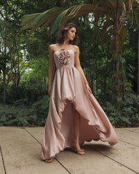 Blush strapless satin high-low gown with rosette