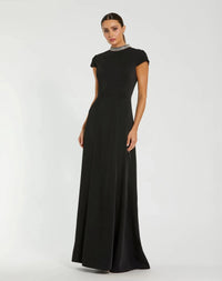 Crepe Short Sleeve Gown With Beaded Neckline - Black