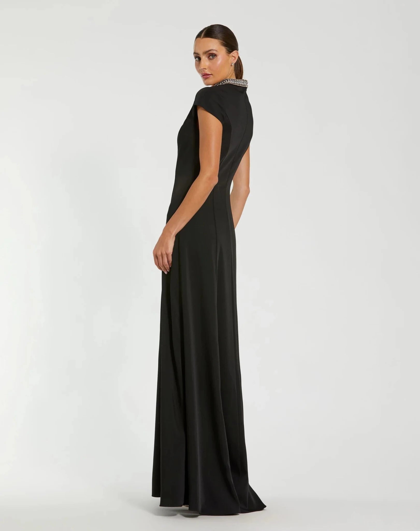 Crepe Short Sleeve Gown With Beaded Neckline - Black