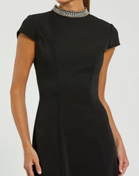 Crepe Short Sleeve Gown With Beaded Neckline - Black
