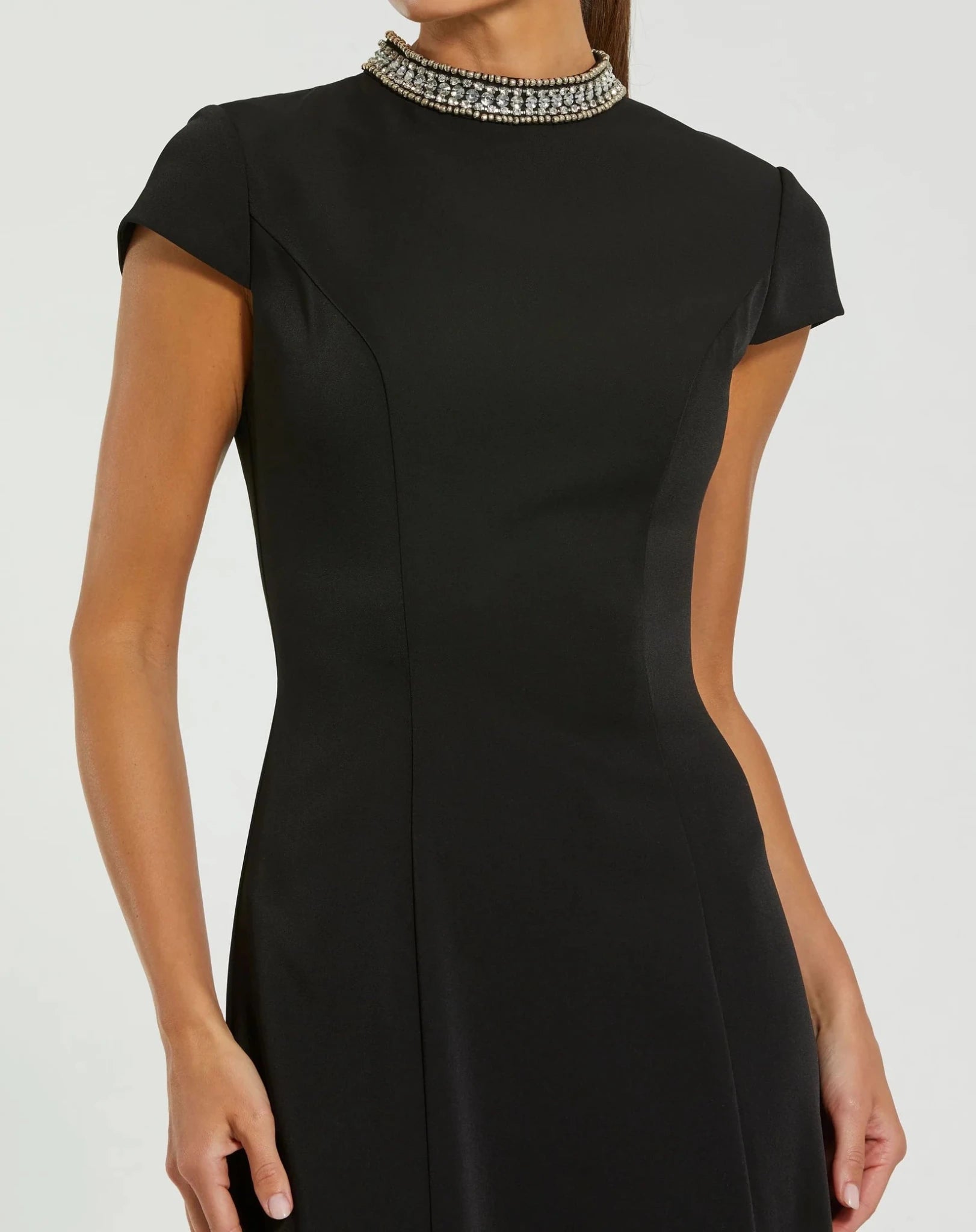 Crepe Short Sleeve Gown With Beaded Neckline - Black