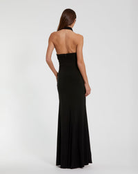 Jersey Crossover Halter Neck Gown With 3D Flower - Black