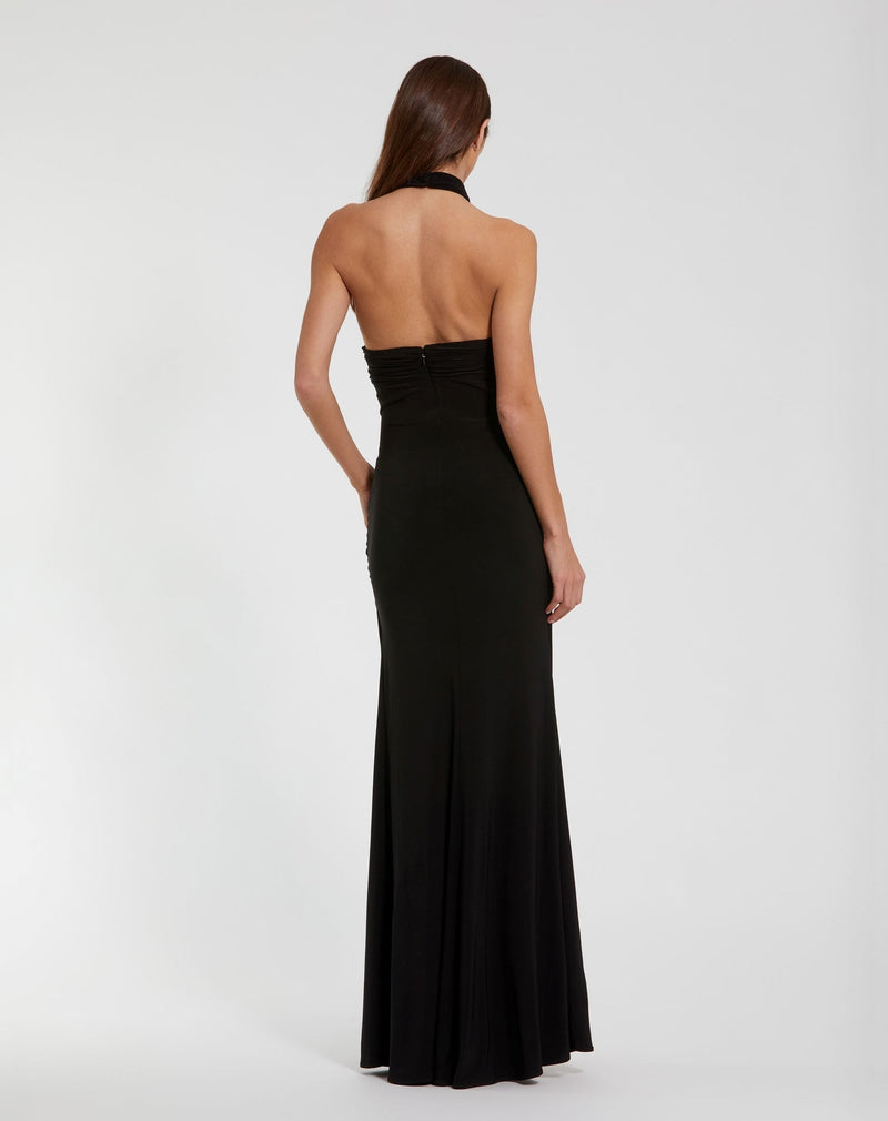 Jersey Crossover Halter Neck Gown With 3D Flower - Black