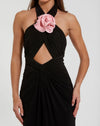 Jersey Crossover Halter Neck Gown With 3D Flower - Black