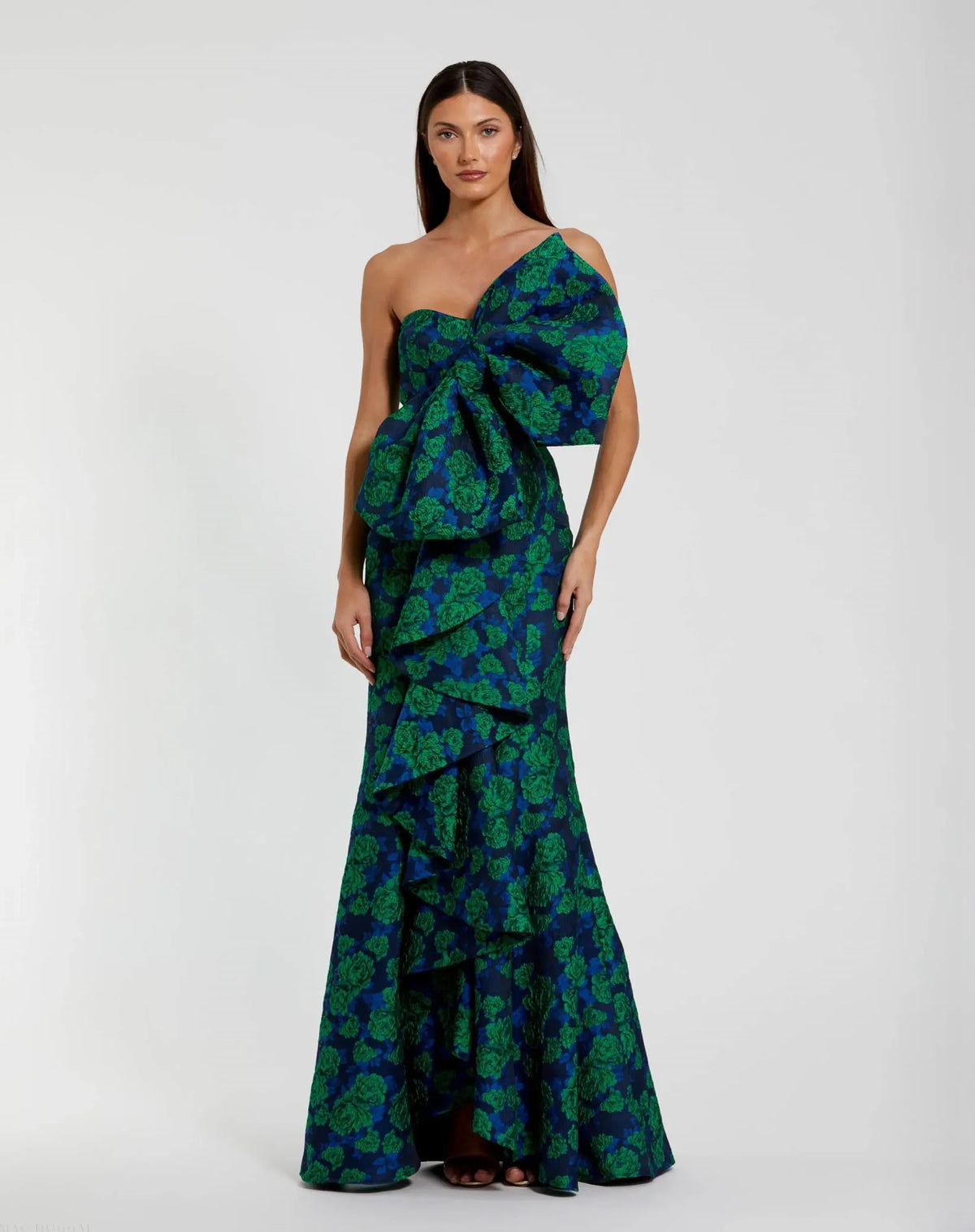 Strapless Brocade Fitted Gown Bow - Emerald