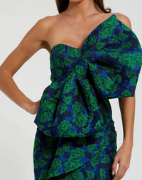 Strapless Brocade Fitted Gown Bow - Emerald