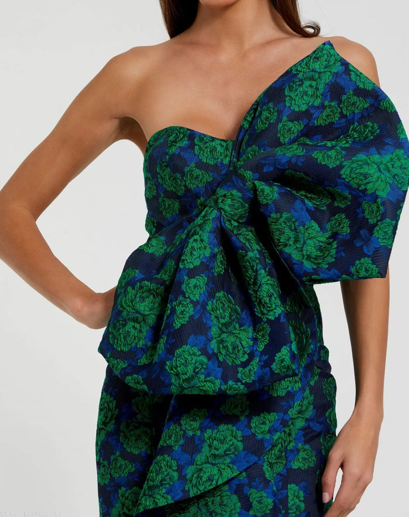 Strapless Brocade Fitted Gown Bow - Emerald