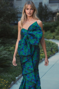 Strapless Brocade Fitted Gown Bow - Emerald