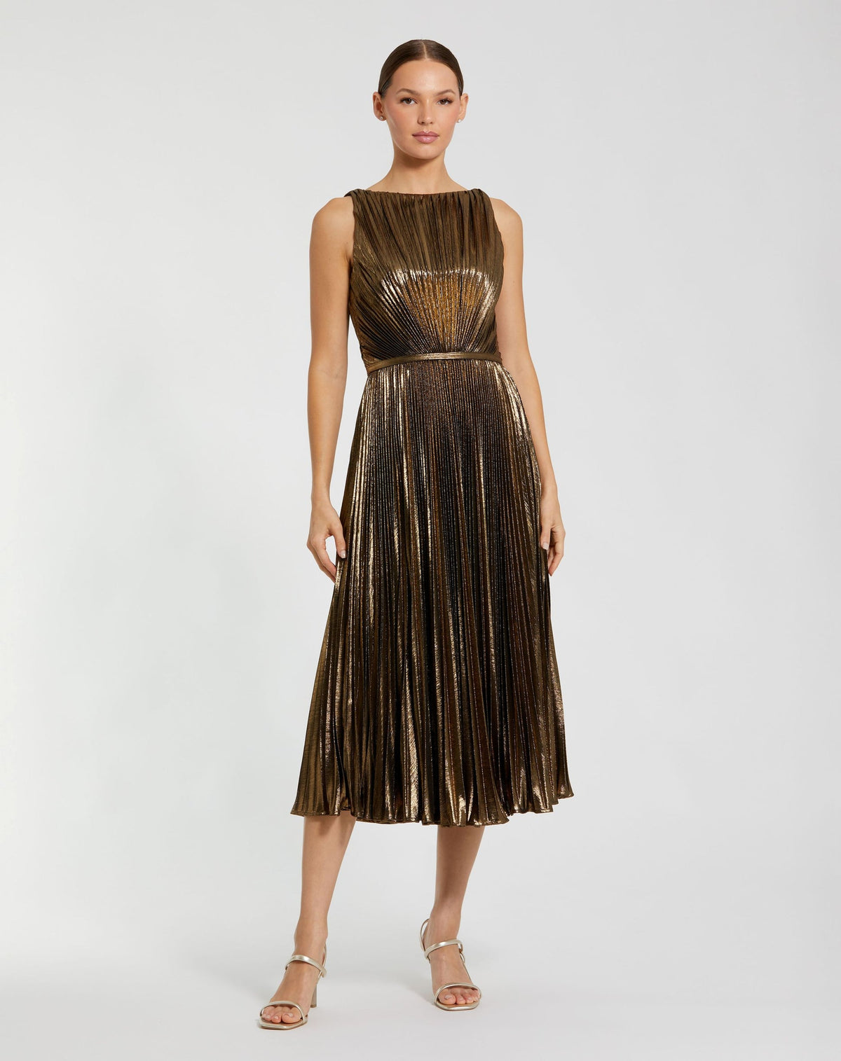 Mac Duggal #27611 Gold Metallic Pleated High Neck Midi Dress