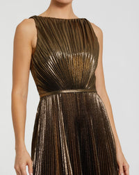 Antique Gold Metallic Pleated Sleeveless High Neck Midi Dress