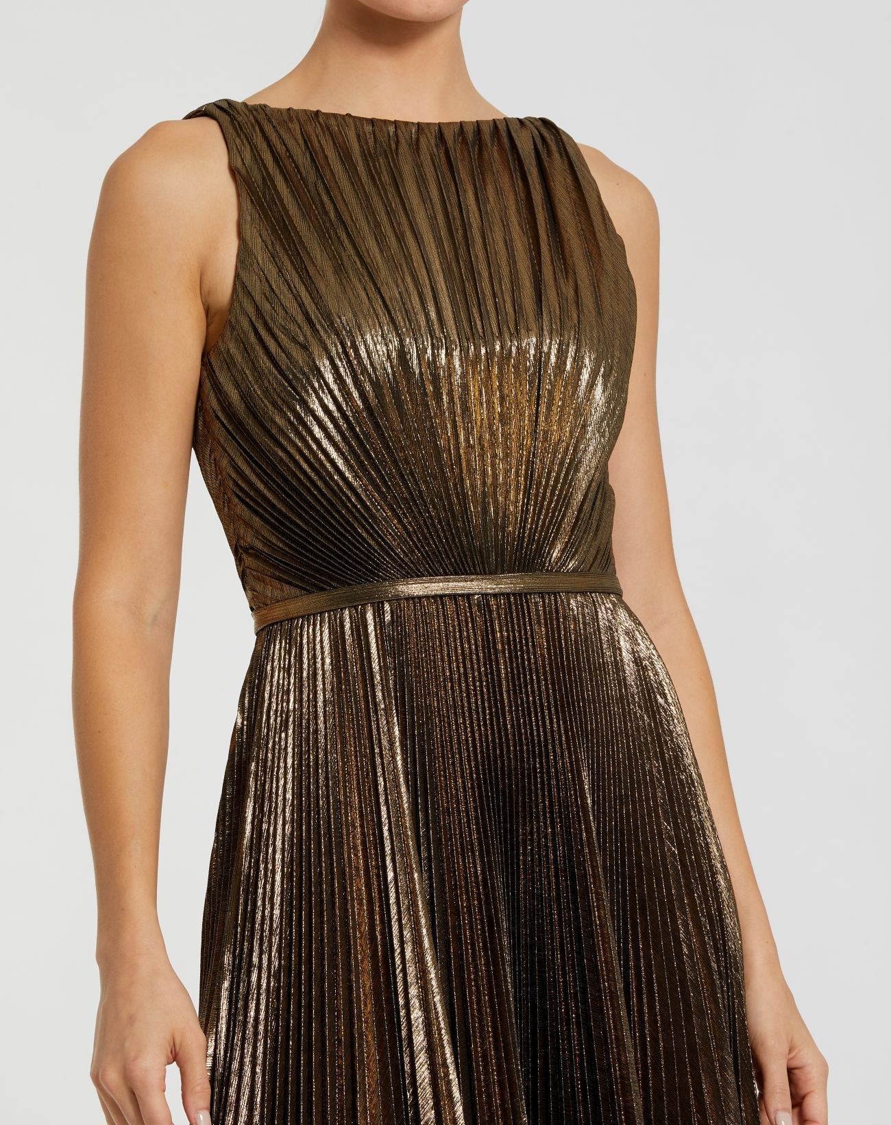 Antique Gold Metallic Pleated Sleeveless High Neck Midi Dress