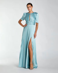 Mac Duggal 27616 French Blue pleated charmeuse puff sleeve gown with slit - Front