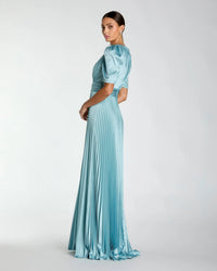 Mac Duggal 27616 French Blue pleated charmeuse puff sleeve gown with slit - Back view