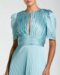 Mac Duggal 27616 French Blue pleated charmeuse puff sleeve gown with slit - Close up detail
