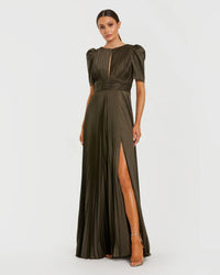Mac Duggal #27616 olive pleated charmeuse puff sleeve evening gown with slit