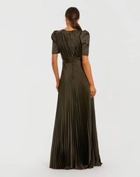Mac Duggal #27616 olive pleated charmeuse puff sleeve evening gown with slit back