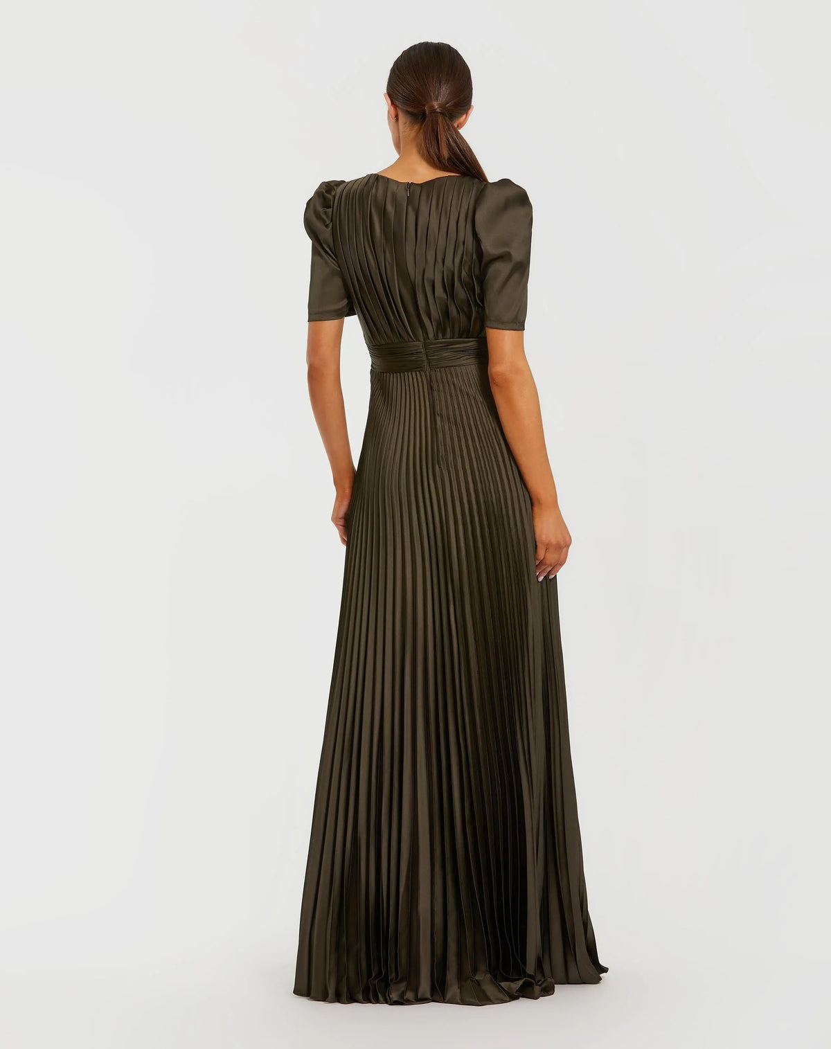 Mac Duggal #27616 olive pleated charmeuse puff sleeve evening gown with slit back
