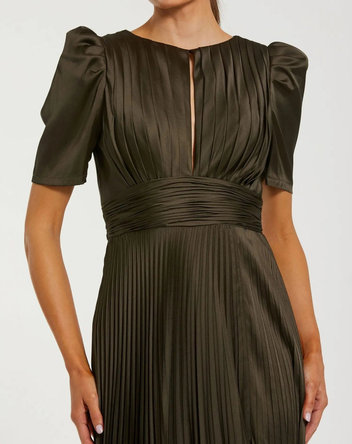 Mac Duggal #27616 olive pleated charmeuse puff sleeve evening gown with slit close-up