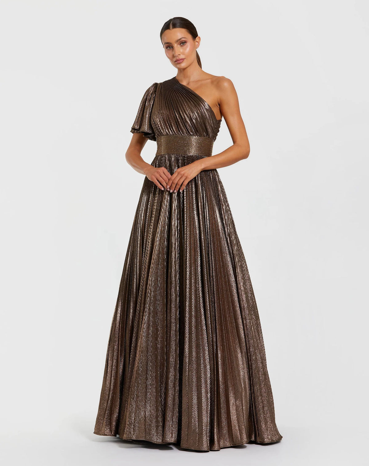 Mac Duggal Brown One Shoulder Pleated Metallic Ball Gown #27625 Bronze 