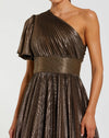 One Shoulder Pleated Metallic Ball Gown - Bronze