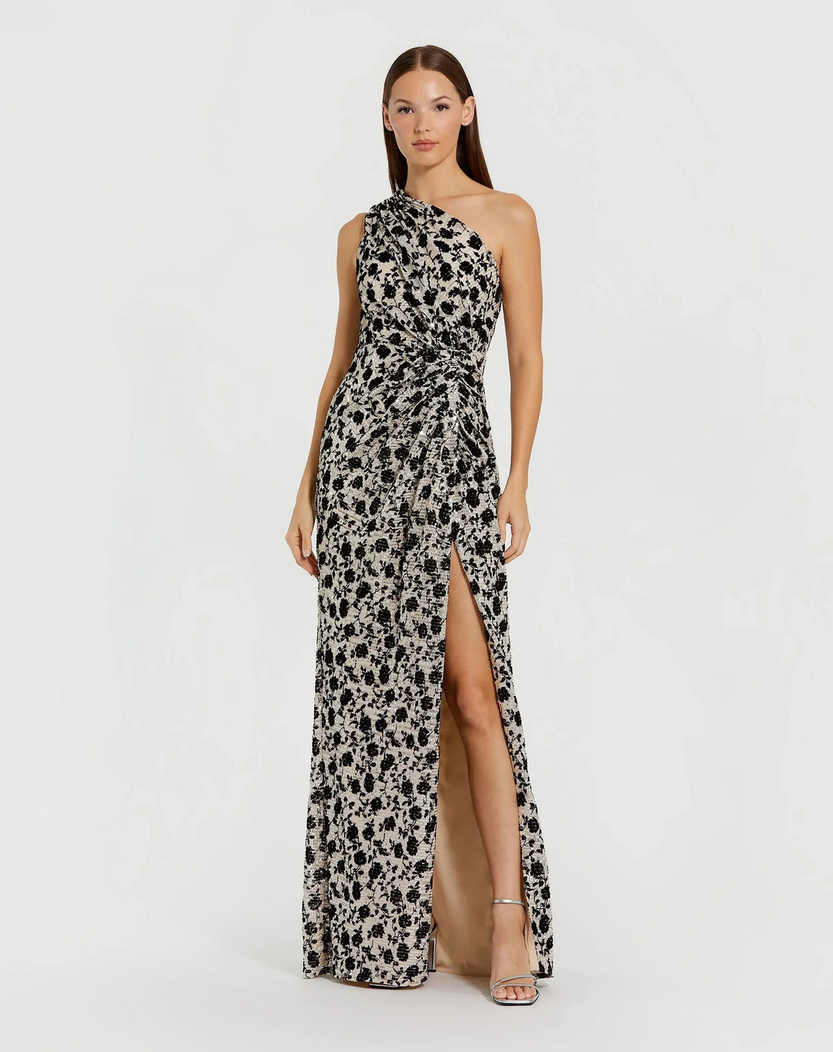 Mac Duggal Beige One Shoulder Sequin Gown with Floral Velvet Detail #27626 Champagne