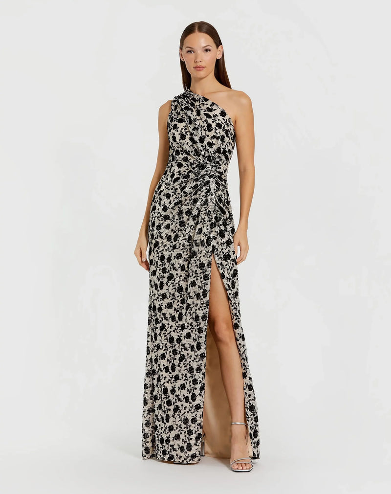 Mac Duggal Beige One Shoulder Sequin Gown with Floral Velvet Detail #27626 Champagne