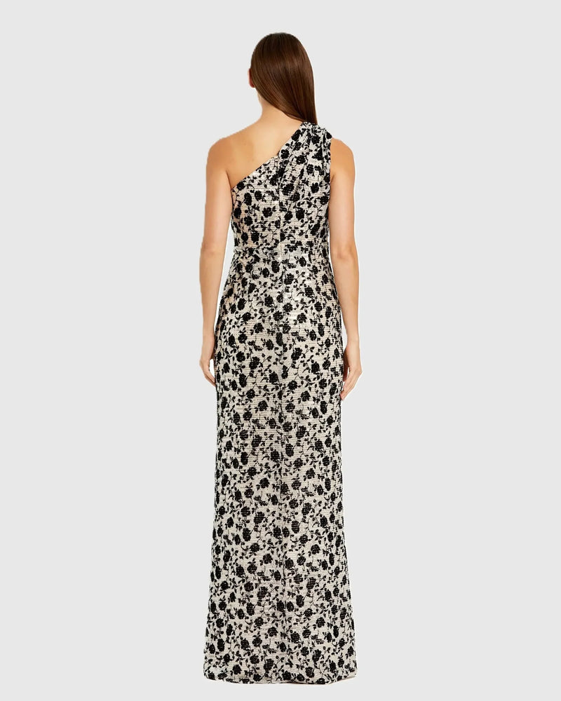 One Shoulder Sequin Gown Floral velvet - Champagne