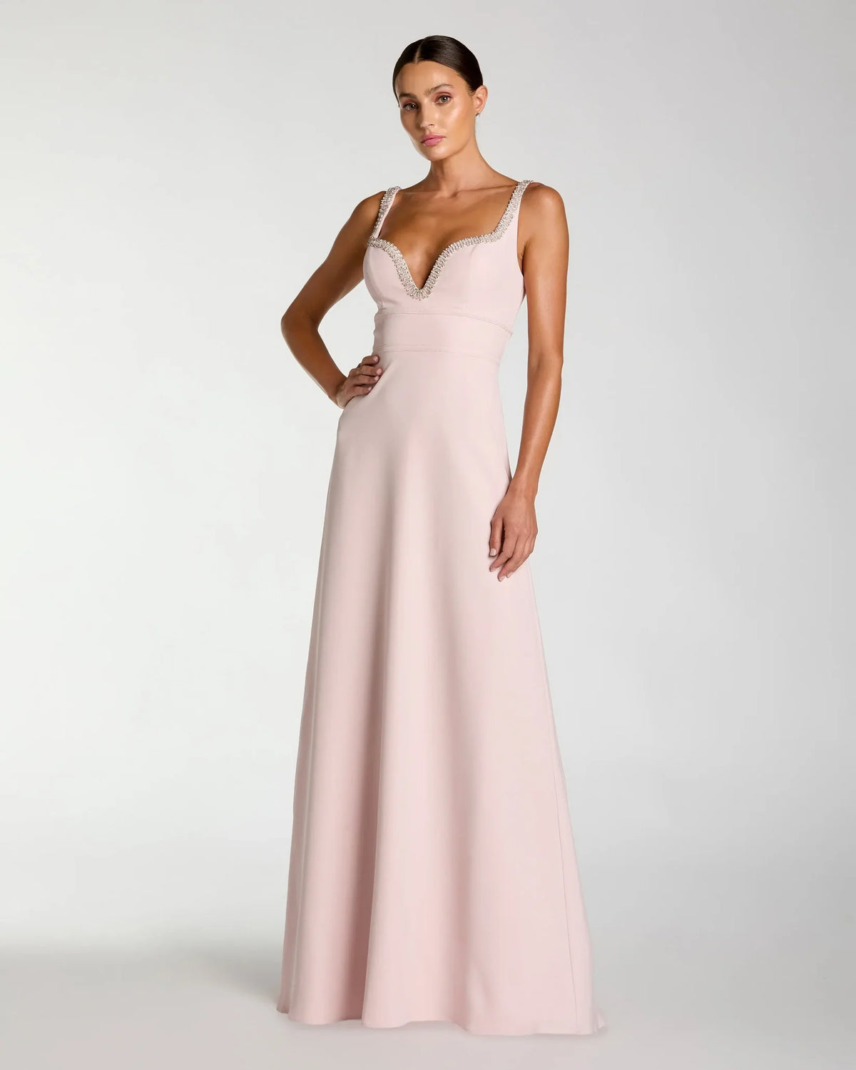 Shop the Mac Duggal Light Pink Crepe A-Line Gown with Rhinestone Trim #27633
