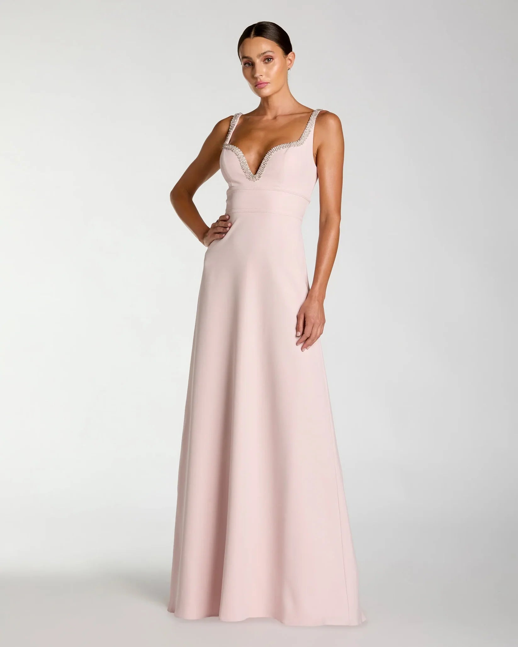 Shop the Mac Duggal Light Pink Crepe A-Line Gown with Rhinestone Trim #27633