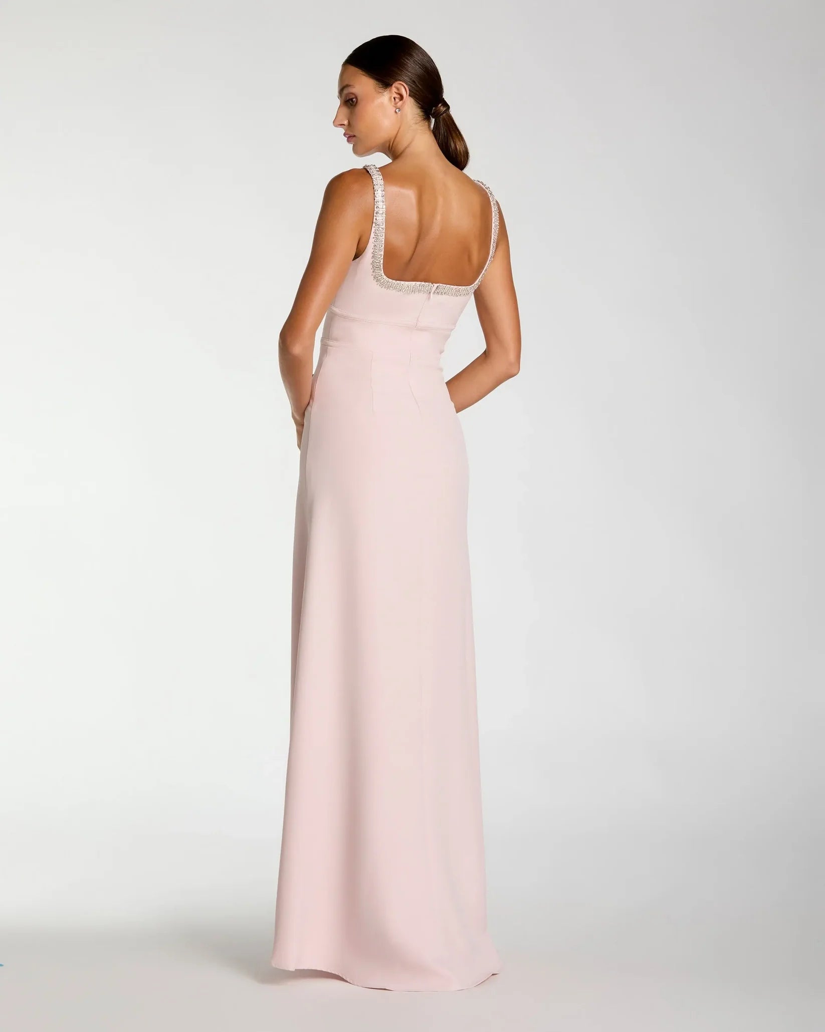 Shop the Mac Duggal Light Pink Crepe A-Line Gown with Rhinestone Trim #27633