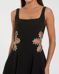Black Sleeveless Crepe Rhinestone Cutout Midi Dress - Close Up