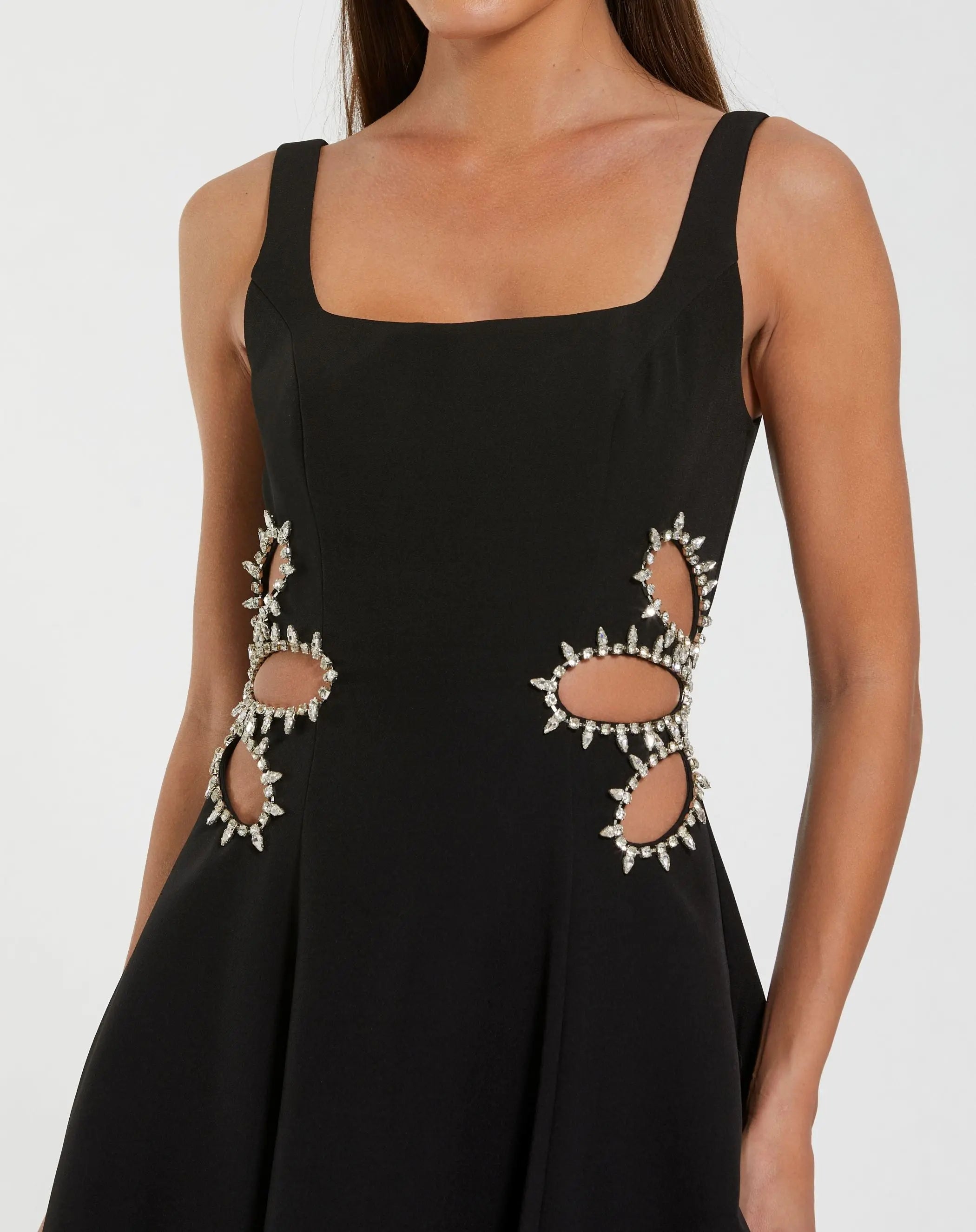 Black Sleeveless Crepe Rhinestone Cutout Midi Dress - Close Up