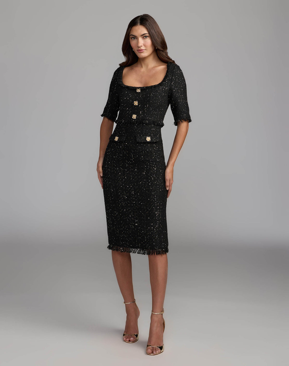 Mac Duggal #27661 black sequin boucle midi dress