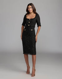 Mac Duggal #27661 black sequin boucle midi dress