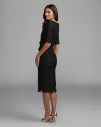 Mac Duggal #27661 black boucle midi dress back view
