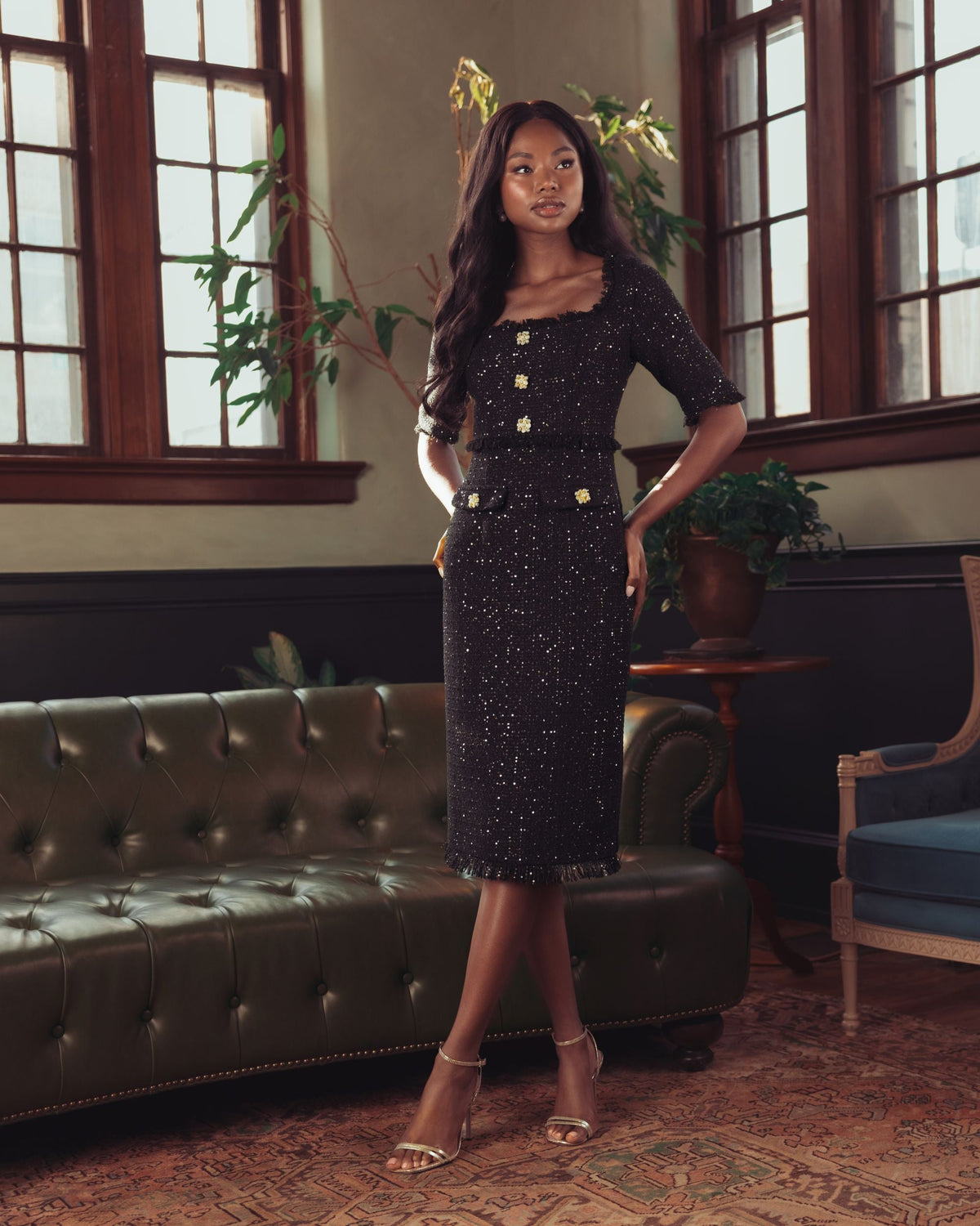 Mac Duggal #27661 black sequin boucle dress lifestyle
