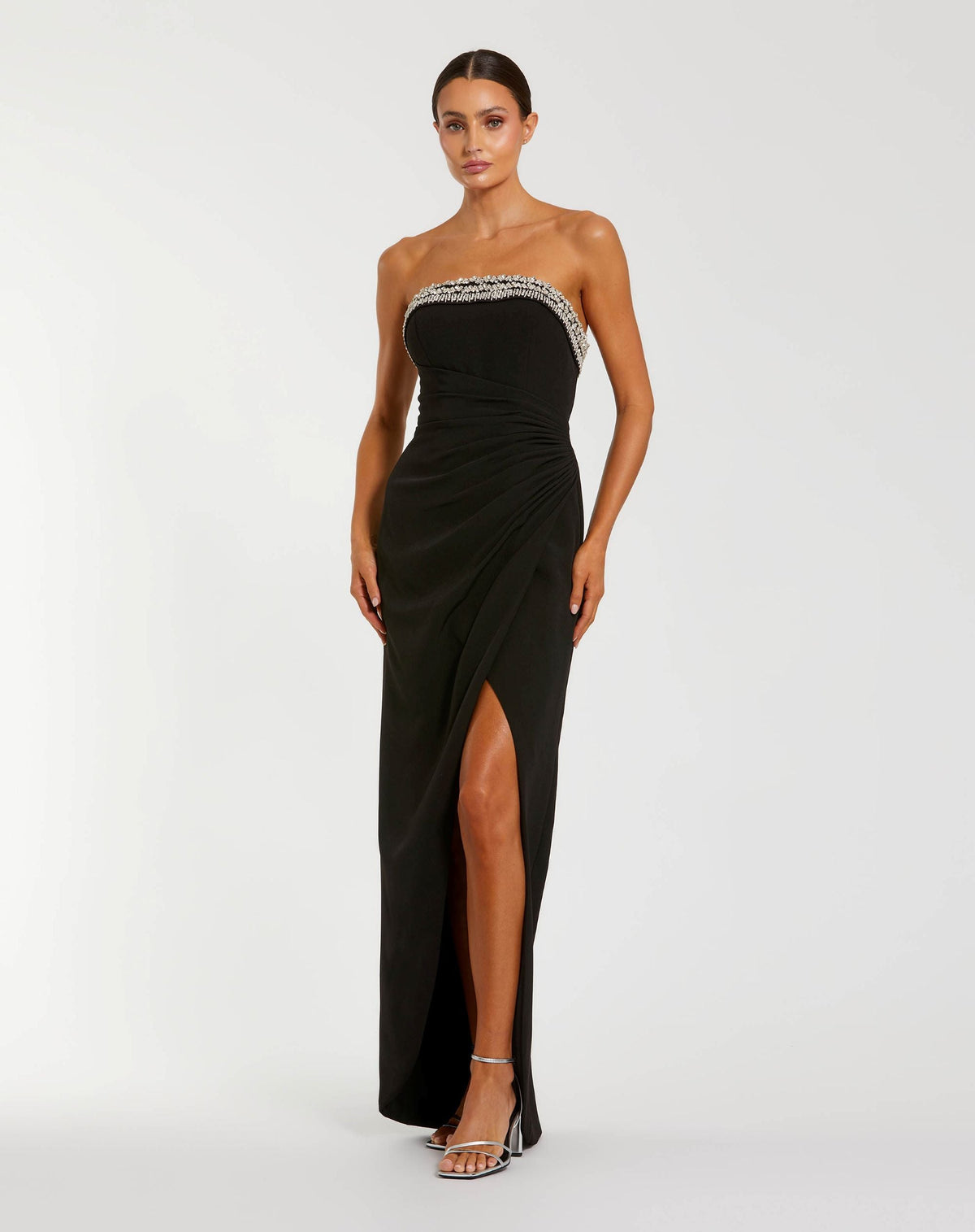 Mac Duggal #27664 black rhinestone embellished strapless column gown