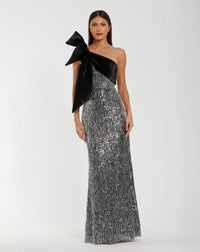 Mac Duggal Black and Silver One Shoulder Embellished Gown With Velvet Bow #27690