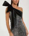 One Shoulder Embellished Gown With Velvet Bow - Black