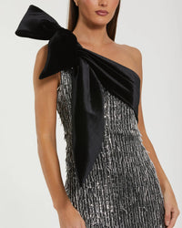 One Shoulder Embellished Gown With Velvet Bow - Black