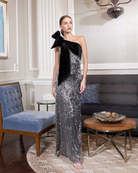 Mac Duggal Black and Silver One Shoulder Embellished Gown With Velvet Bow #27690 