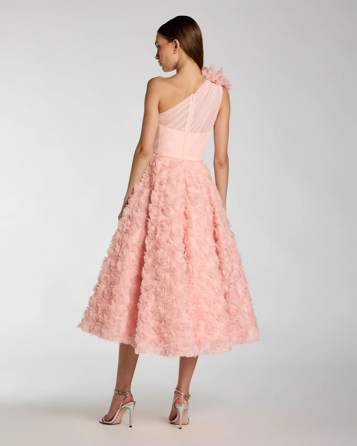 Mac Duggal Pink One Shoulder Rosette A Line Midi Dress with 3D Flower #27698 