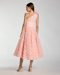 Mac Duggal Pink One Shoulder Rosette A Line Midi Dress with 3D Flower #27698 