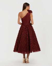 Mac Duggal Red One Shoulder Rosette A Line Midi Dress with 3D Flower #27698 Wine