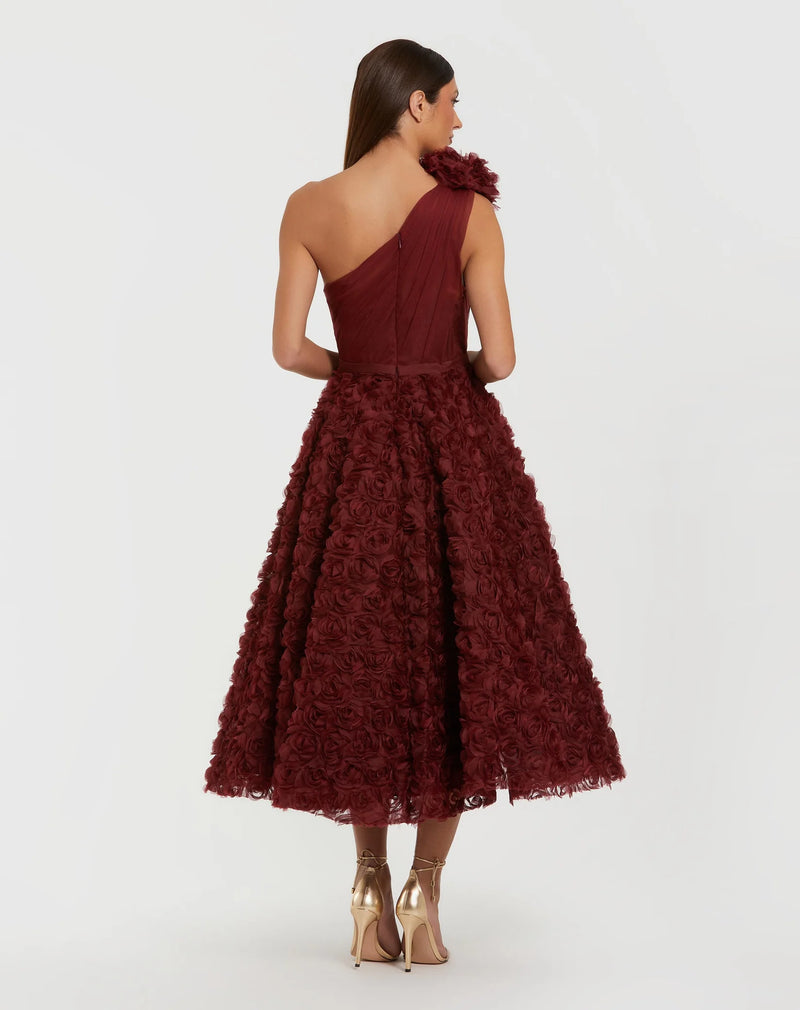 Mac Duggal Red One Shoulder Rosette A Line Midi Dress with 3D Flower #27698 Wine