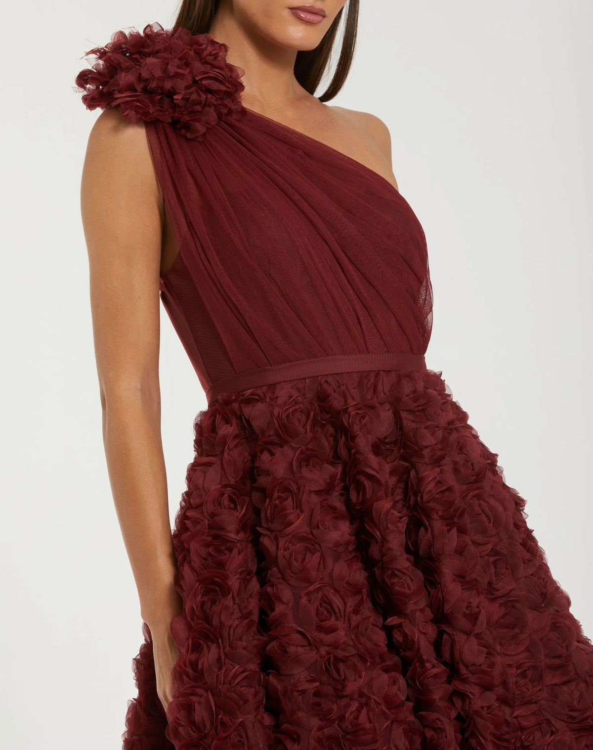 Mac Duggal Red One Shoulder Rosette A Line Midi Dress with 3D Flower #27698 Wine