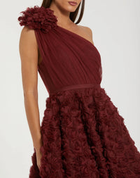 Mac Duggal Red One Shoulder Rosette A Line Midi Dress with 3D Flower #27698 Wine