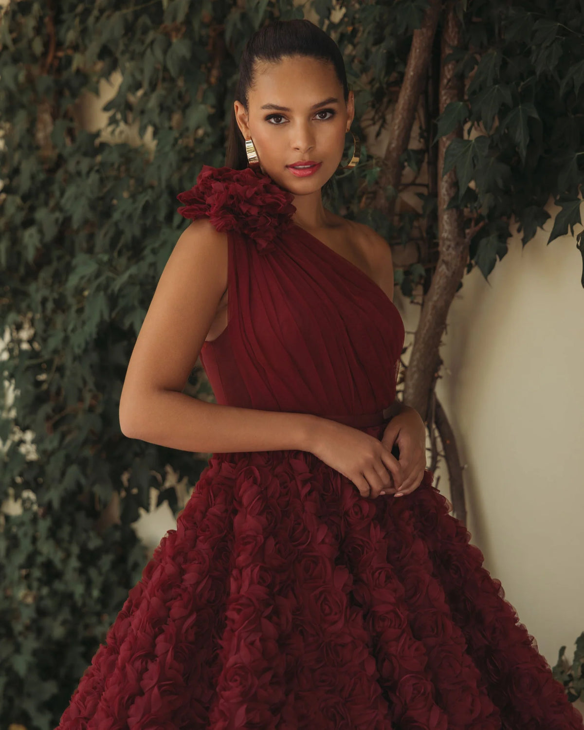 Mac Duggal Red One Shoulder Rosette A Line Midi Dress with 3D Flower #27698 Wine